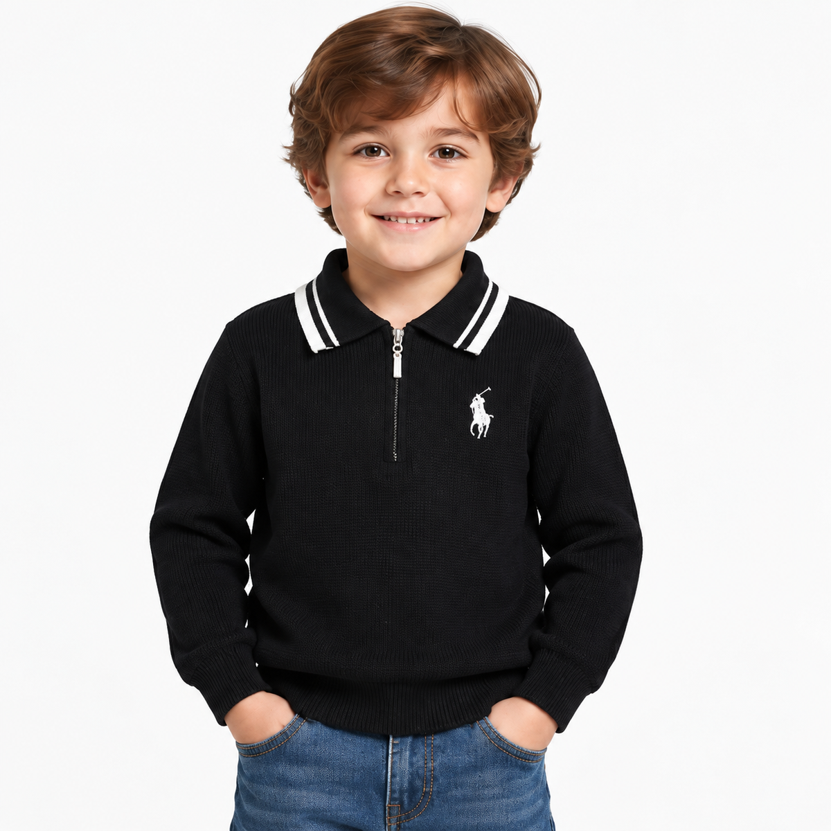 Kids Ralph-Inspired Classic Quarter-Zip Polo pullover - Long Sleeve Knit for Boys #00399