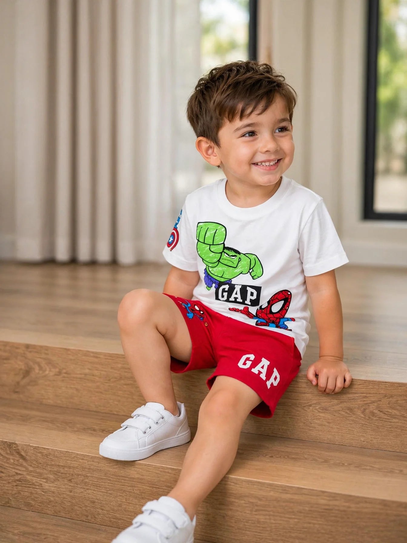 GAP Kids Marvel Superhero Set - Hulk & Spider-Man T-Shirt + Red Shorts #00294