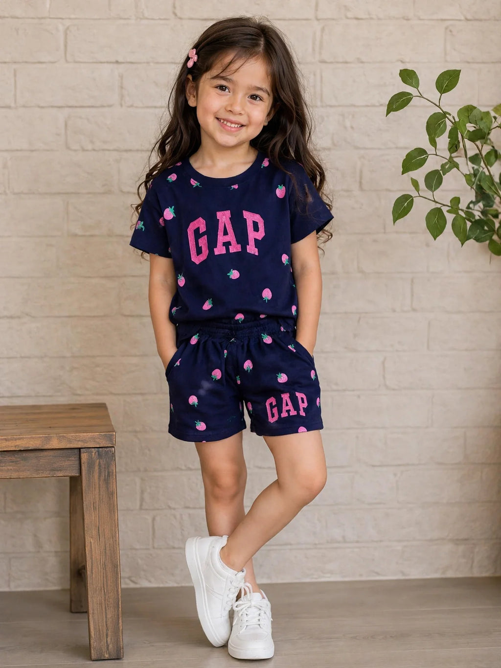GAP Girls Strawberry 2-Piece Set - Navy Flutter Sleeve Tee & Shorts
#00295