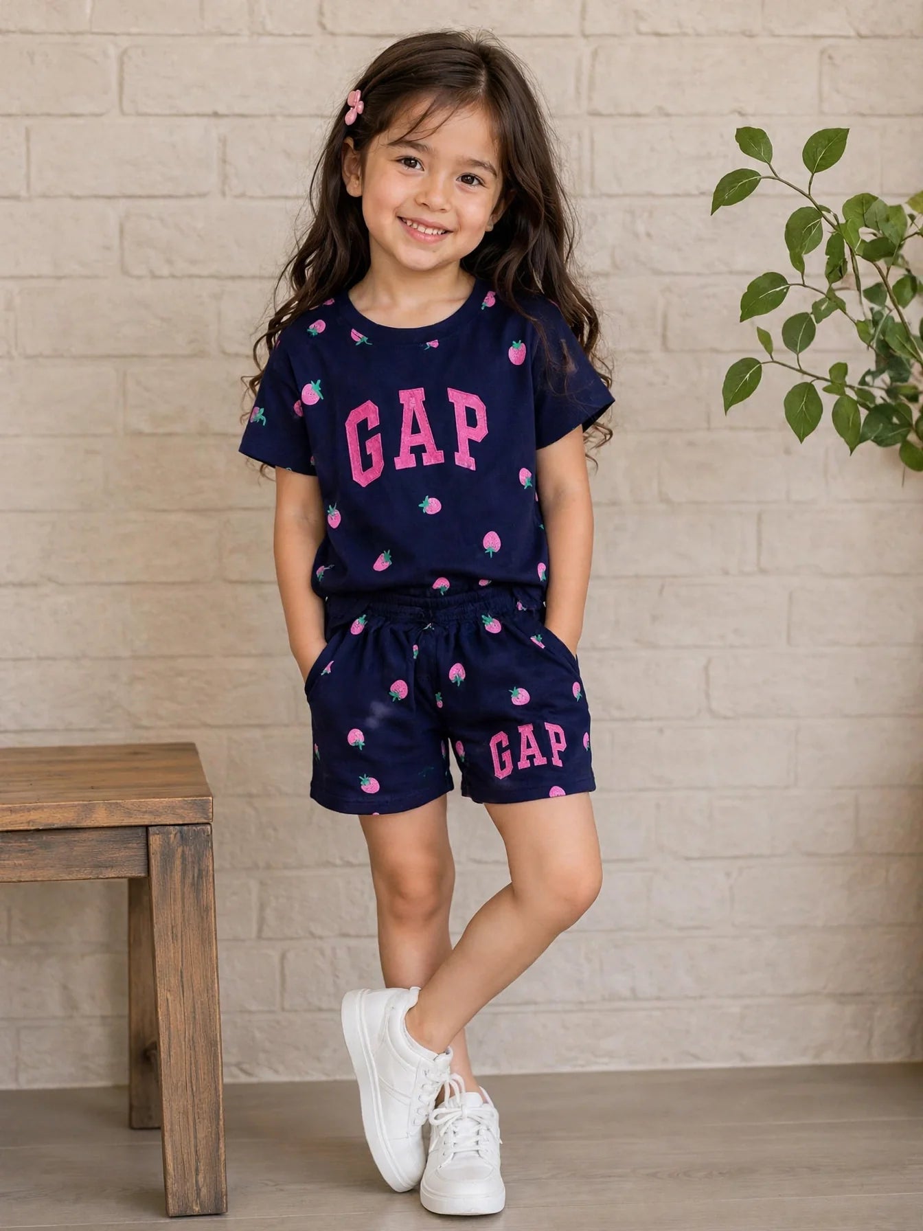 GAP Girls Strawberry 2-Piece Set - Navy Flutter Sleeve Tee & Shorts
#00295