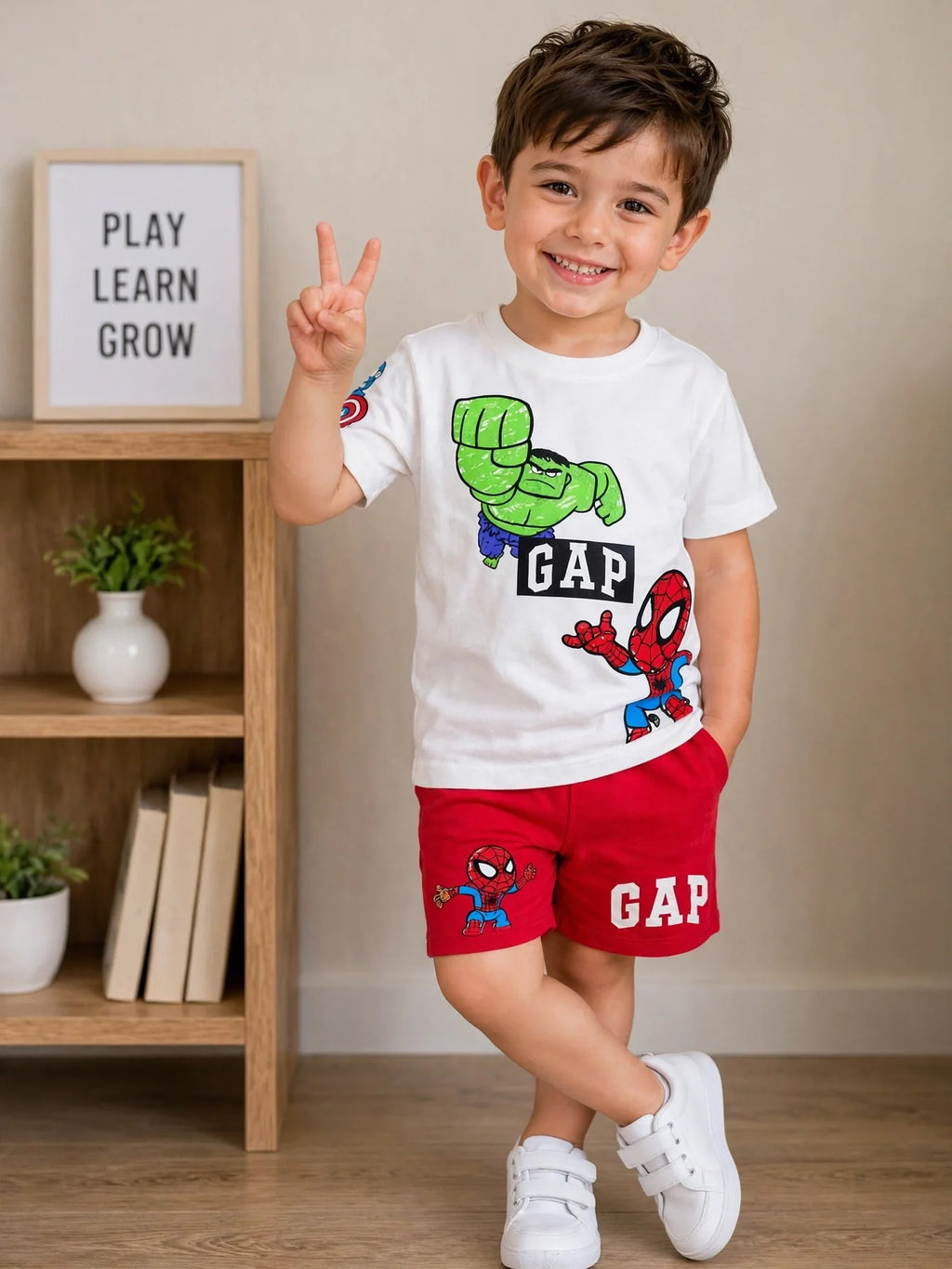 GAP Kids Marvel Superhero Set - Hulk & Spider-Man T-Shirt + Red Shorts #00294