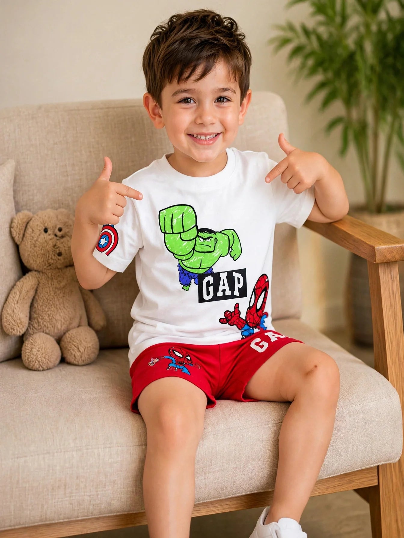GAP Kids Marvel Superhero Set - Hulk & Spider-Man T-Shirt + Red Shorts #00294