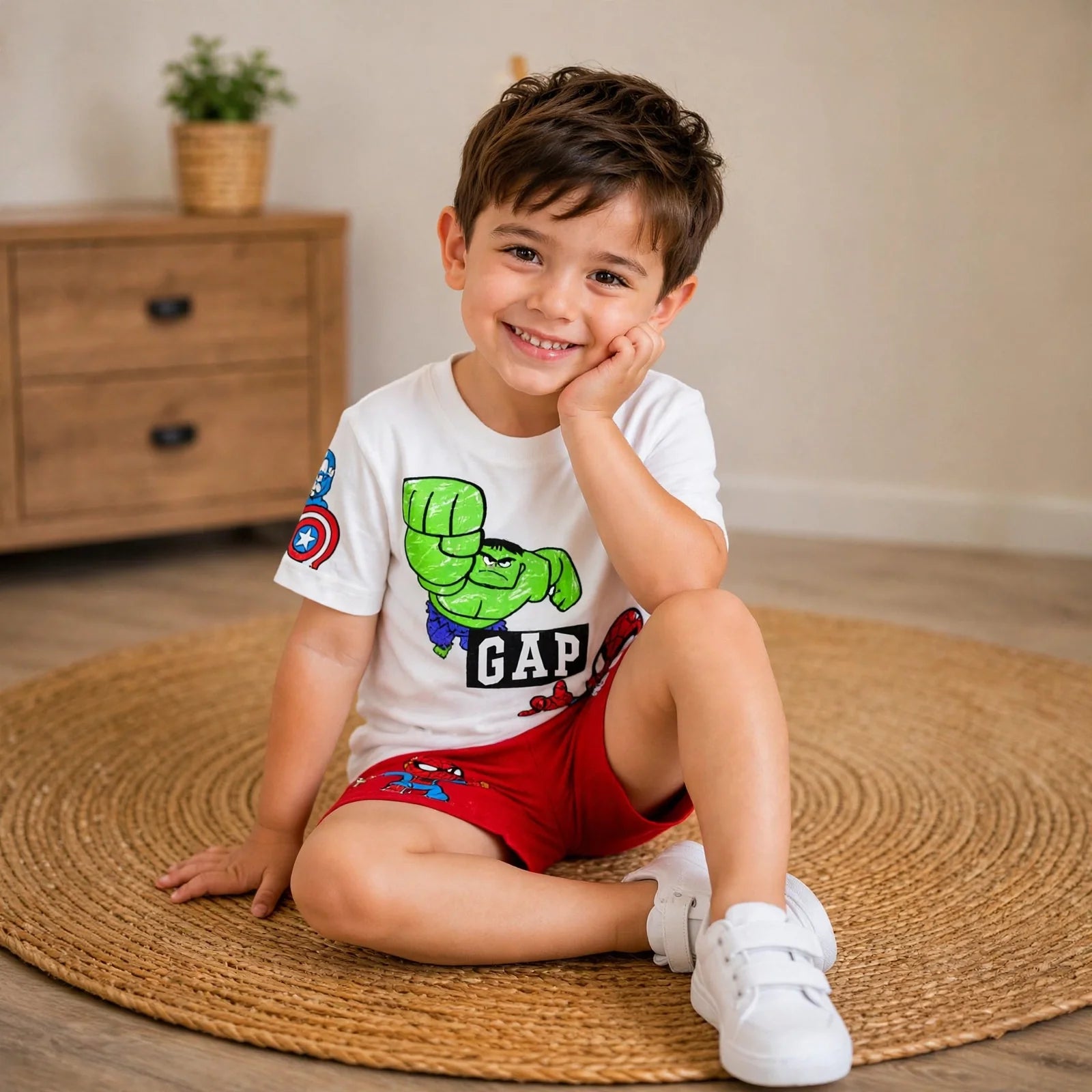 GAP Kids Marvel Superhero Set - Hulk & Spider-Man T-Shirt + Red Shorts #00294