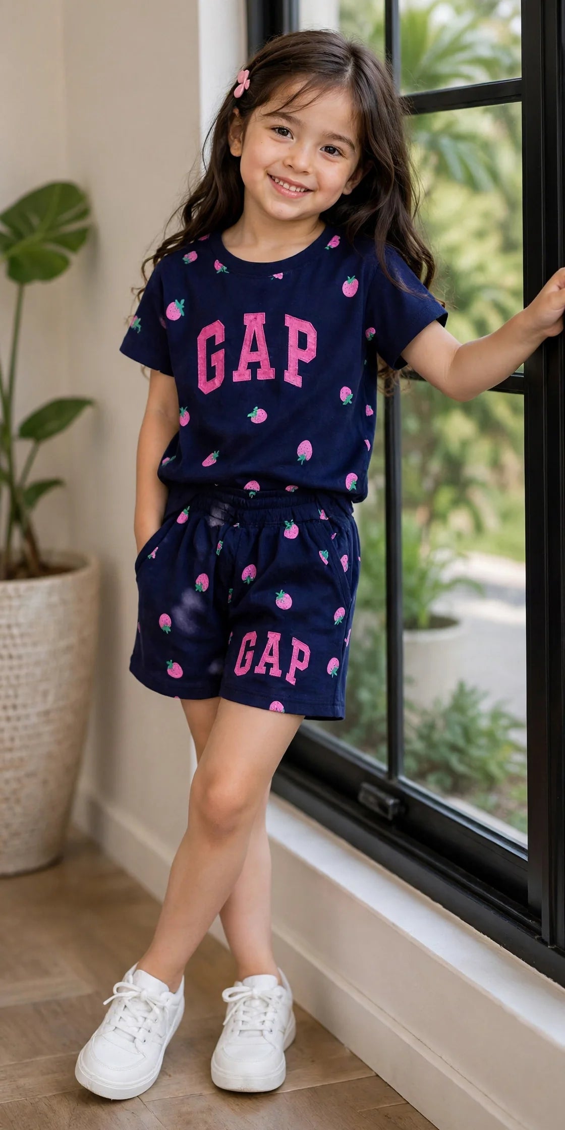GAP Girls Strawberry 2-Piece Set - Navy Flutter Sleeve Tee & Shorts
#00295