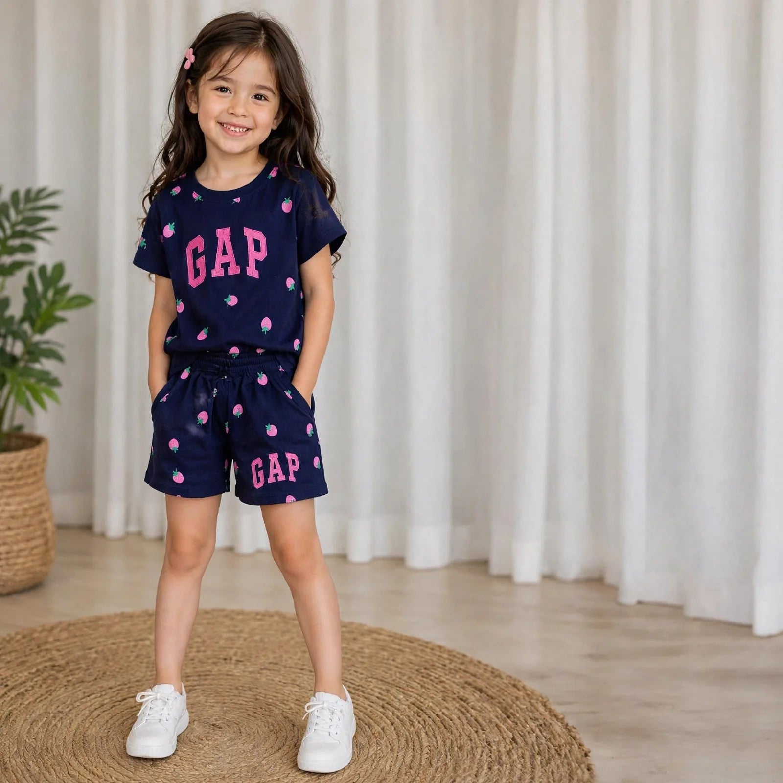 GAP Girls Strawberry 2-Piece Set - Navy Flutter Sleeve Tee & Shorts
#00295