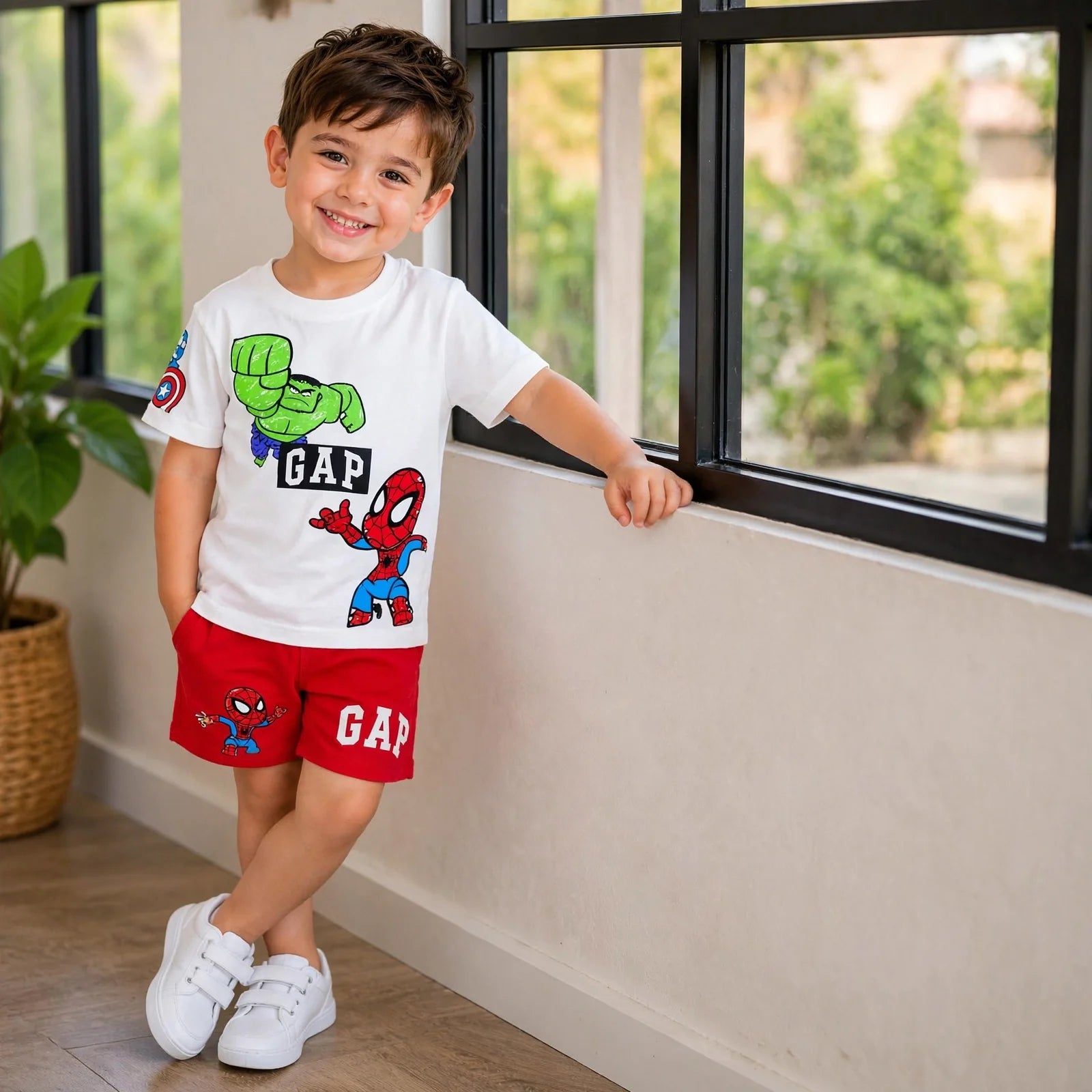 GAP Kids Marvel Superhero Set - Hulk & Spider-Man T-Shirt + Red Shorts #00294