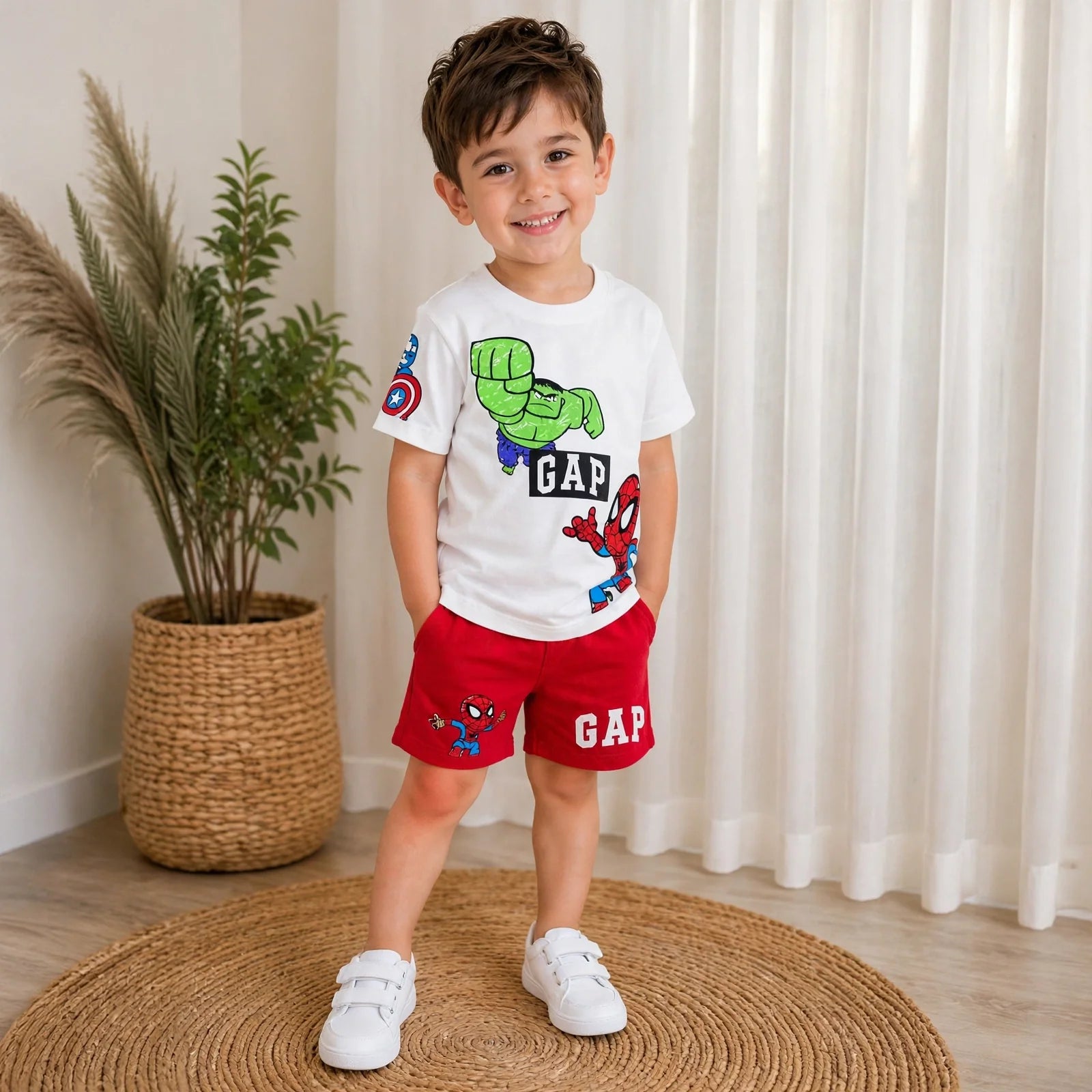 GAP Kids Marvel Superhero Set - Hulk & Spider-Man T-Shirt + Red Shorts #00294