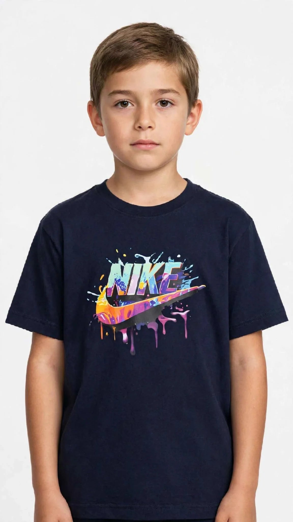 Nike Kids Unisex Graphic T-Shirt - Colorful Drip Logo - Lime & Navy #00383