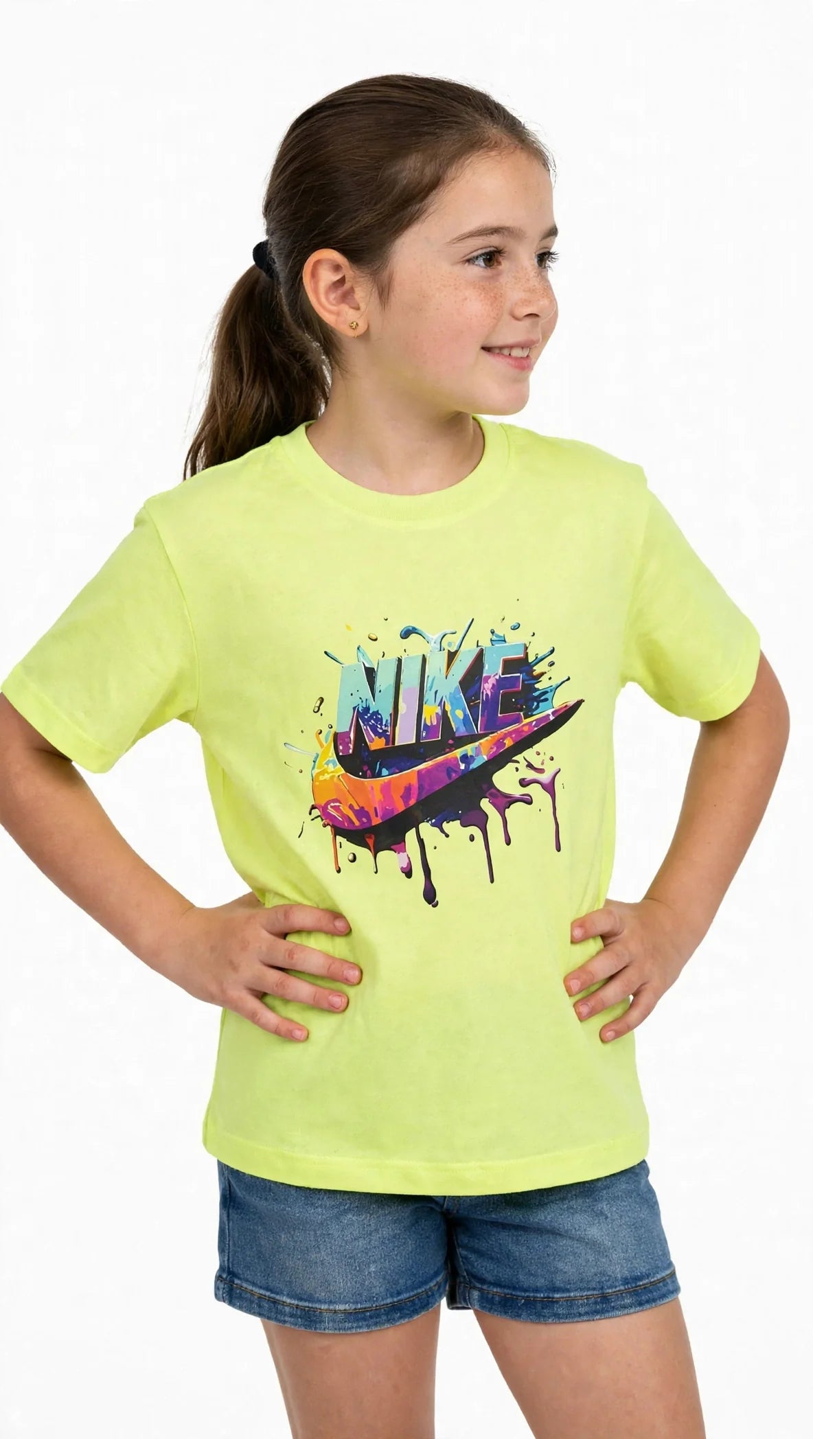 Nike Kids Unisex Graphic T-Shirt - Colorful Drip Logo - Lime & Navy #00383