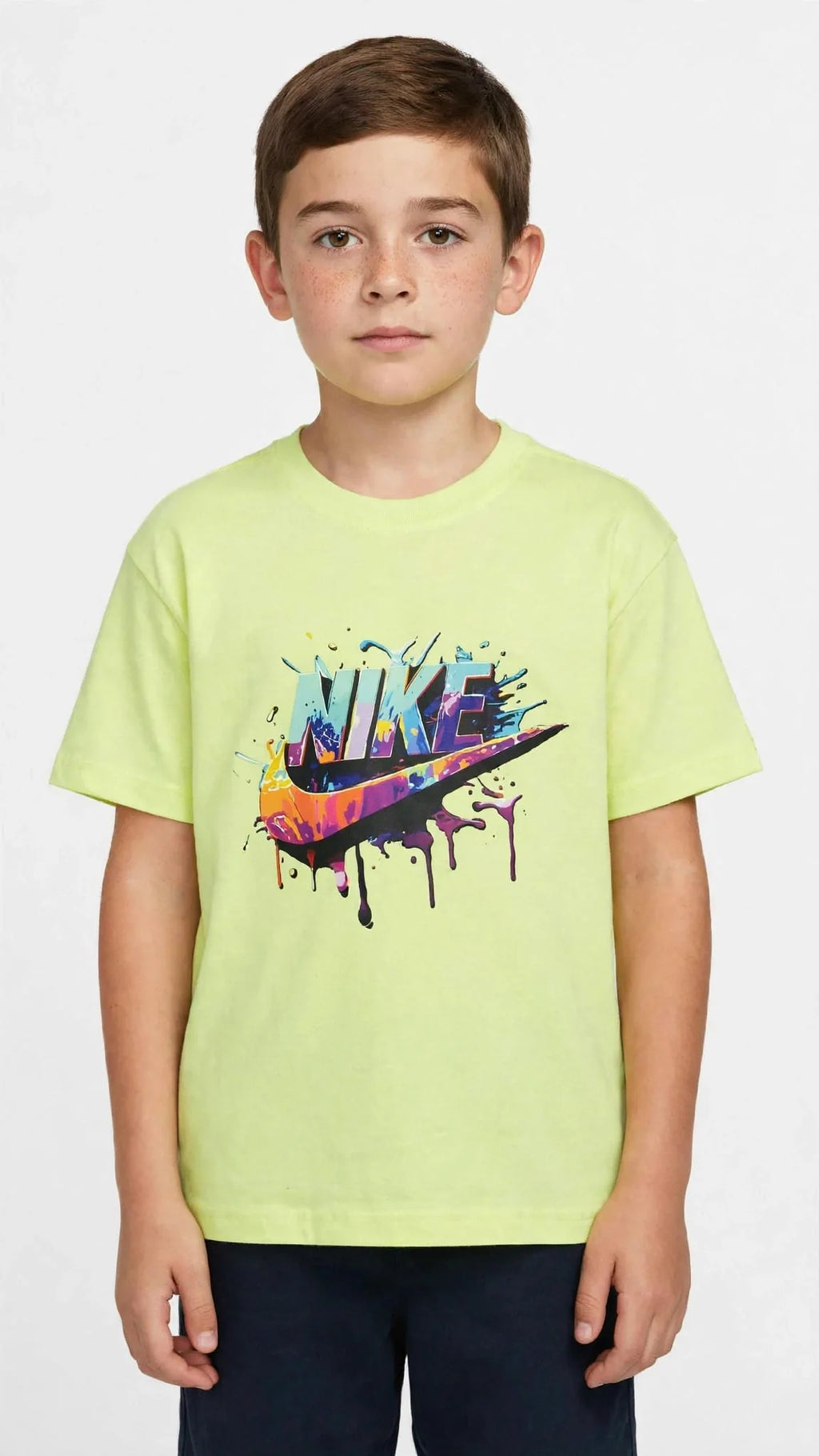 Nike Kids Unisex Graphic T-Shirt - Colorful Drip Logo - Lime & Navy #00383
