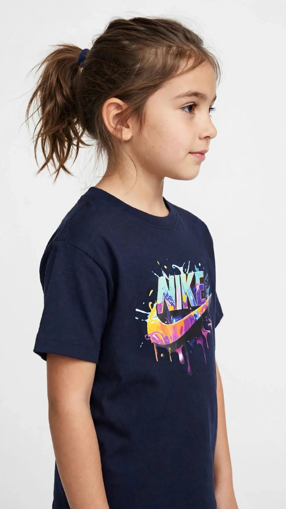 Nike Kids Unisex Graphic T-Shirt - Colorful Drip Logo - Lime & Navy #00383