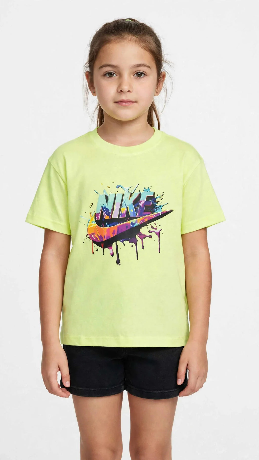 Nike Kids Unisex Graphic T-Shirt - Colorful Drip Logo - Lime & Navy #00383
