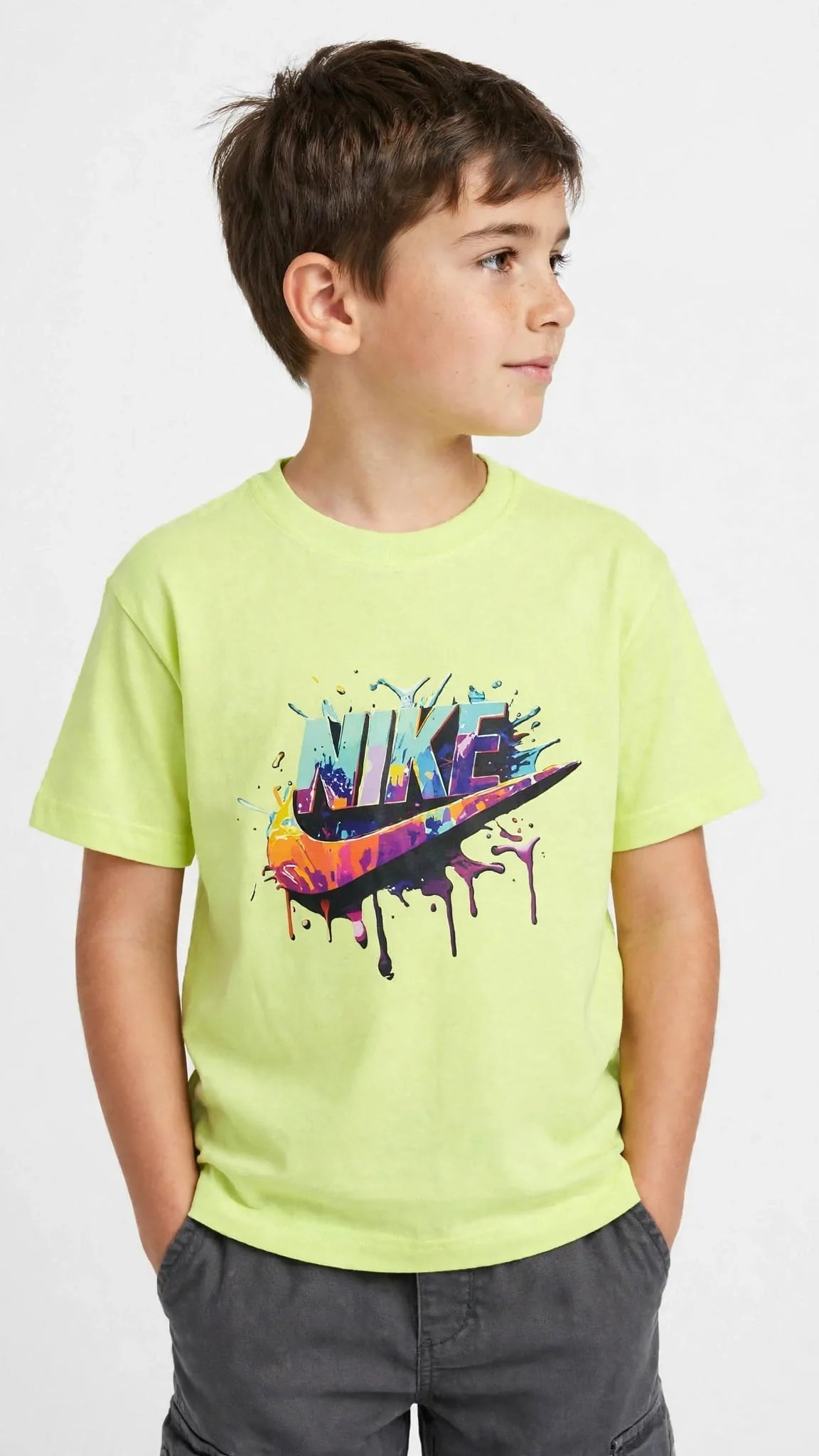 Nike Kids Unisex Graphic T-Shirt - Colorful Drip Logo - Lime & Navy #00383