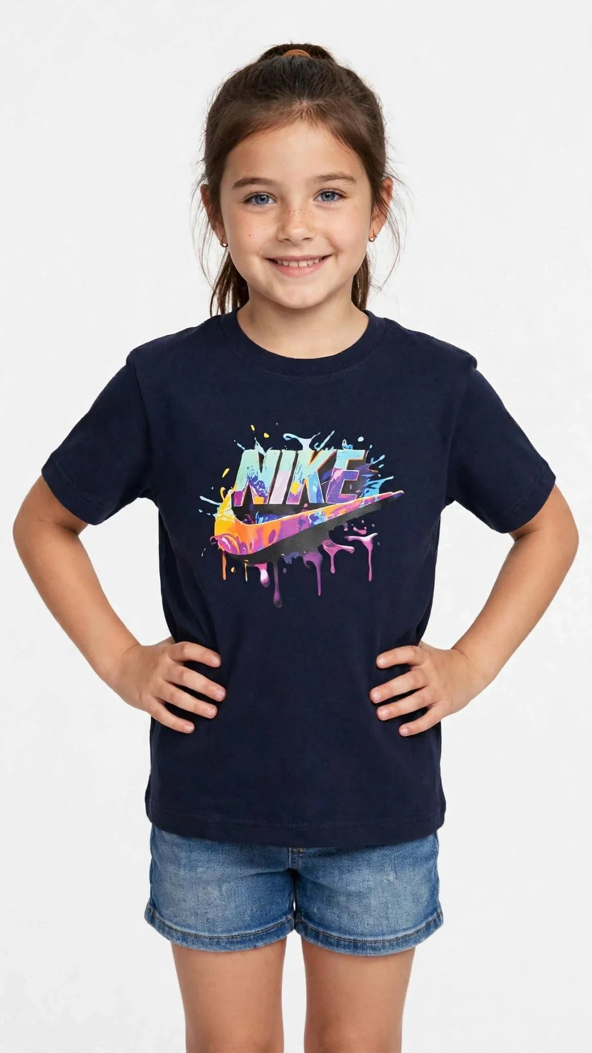 Nike Kids Unisex Graphic T-Shirt - Colorful Drip Logo - Lime & Navy #00383