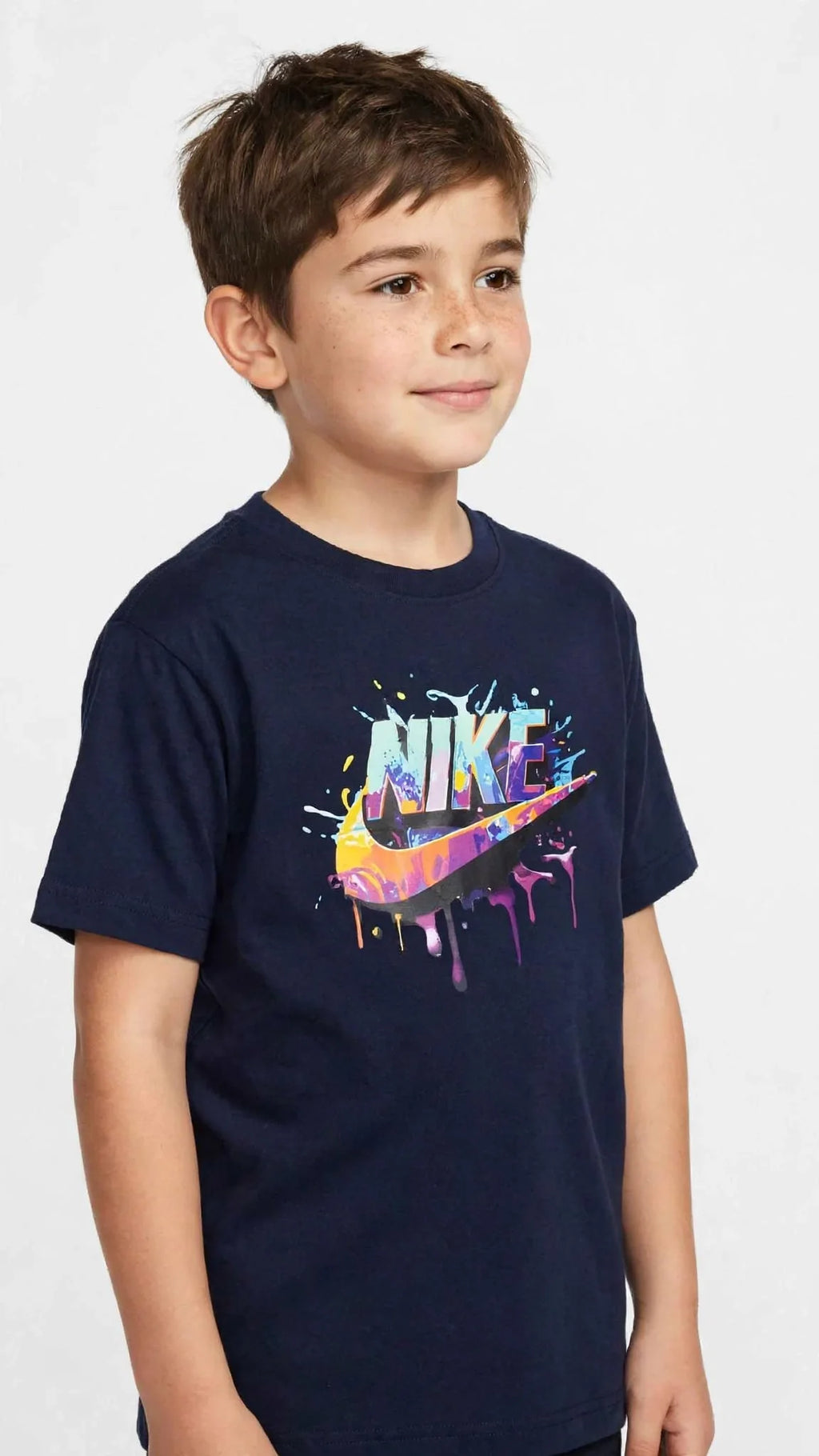 Nike Kids Unisex Graphic T-Shirt - Colorful Drip Logo - Lime & Navy #00383